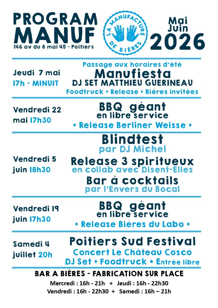 Programme des évènements de la Manuf
7 mai : DJ set
22 mai : BBQ party
5 juin : Blindtest et release spiritueux
19 mai : BBQ party
4 juillet : Concert château cosco